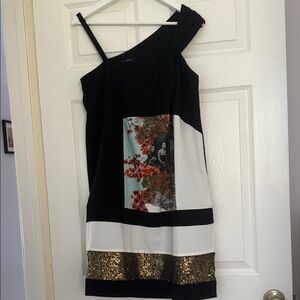 Black and White One-Shoulder Chic Dress with Gold Accents